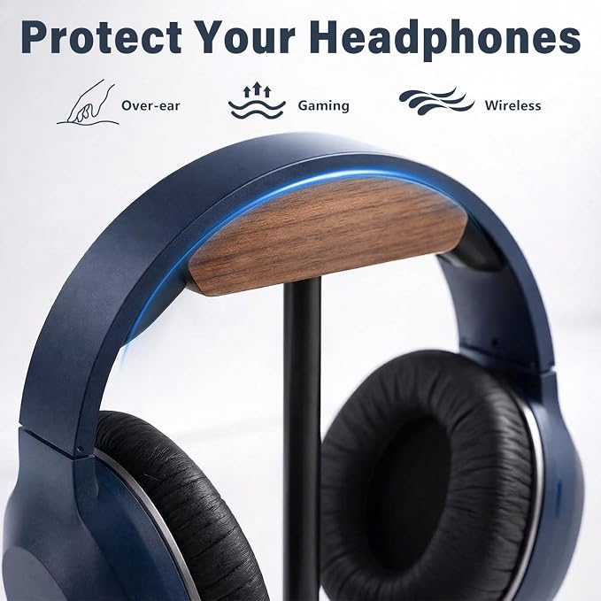 Wood & Metal Headphone Stand, Headset Holder for Desk, Desktop Gaming Headphone Hanger with Stable Non-Slip Bamboo Base, Universal Earphone Stand for Gaming, Office, Home, Gift - Image 4