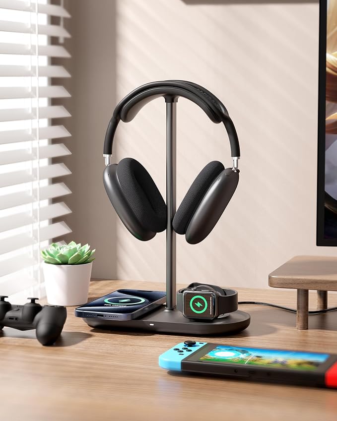 HiWe Headphone Stand, 2-in-1 MagSafe Wireless Charger for iPhone/iWatch | Headset Holder for All Headphones, Aluminum Alloy Bar, ABS Solid Base, PU Headrest, Table Desk Organizer - Image 6