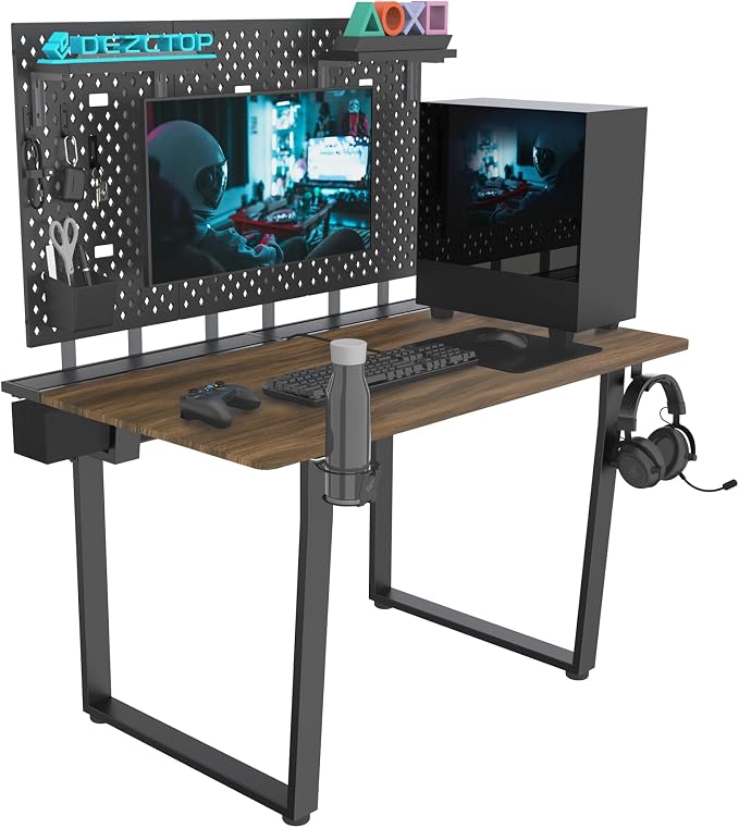 Dezctop Bifrost 120 47W x 28D Gaming PC Computer Desk with Shelves, Large Workstation for Gamers or Home Office with Pegboard, Built-in Cable Management, Stainless Steel Frame (Walnut) by Dezctop
