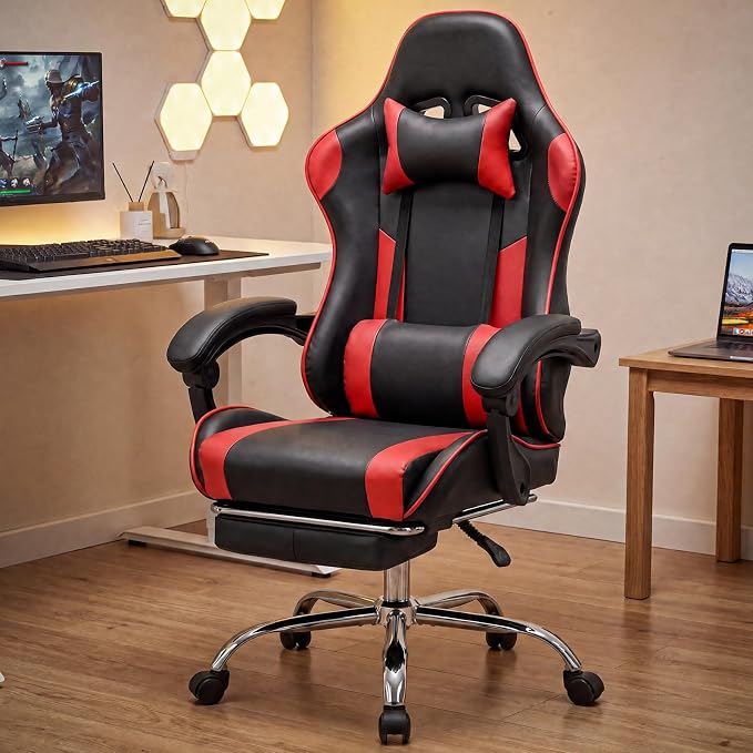 Sweetcrispy Gaming Chair, Ergonomic Computer Desk Chair, Lumbar Support | High Back PU Leather, Adjustable Headrest Footrest, Racing Video Office Home, Red - Image 9