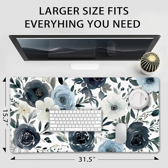 Navy Blue White Floral Large Gaming Mouse Pad Desk Mat 31.5x15.7 | Extended Mousepad, Non-Slip Rubber Base , Stitched Edges, for Computer/Laptop/Office/Home - Image 4