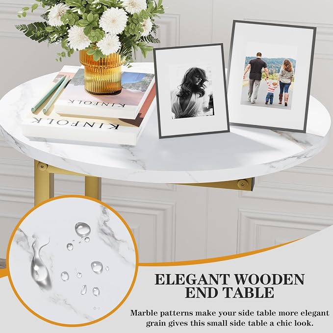 C Shaped End Table, Oval Couch Side Tables for Living Room, Sofa End Table with Metal Frame, Small Wooden Snack Table for Bedroom, Small Spaces, Easy Assembly, Gold - Image 5
