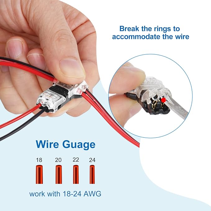 65.6ft 22 Gauge AWG LED Extension Cable Wire Cord and 12 Pcs 3 Way Wire Connectors T Tap Low Voltage 2 Pin Small Wire Connectors No Wire Stripping - Image 6