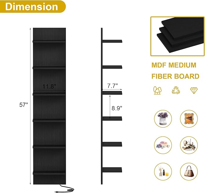 Qupui 6-Tier Wall Shelf with LED Remote, 57" Floating Storage, Black - Image 2