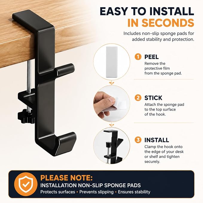 Headphone Stand - Aluminum Alloy Headphone Holder, Under Headset Stand for Desk Fit for PC Gaming Headset Hanger Hook Suitable for Office, Computer, Student Class Desk, Handmade Creator Table (Black2) - Image 3