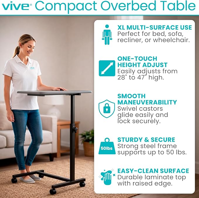 Vive Overbed Hospital Bed Table for Home Use - Adjustable Swivel Wheels - Image 3