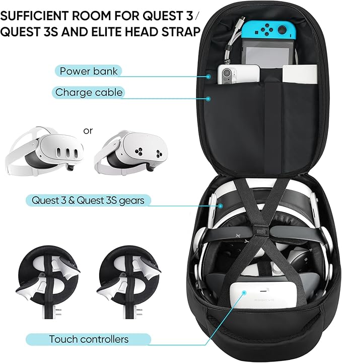 BnLnHOGVR Carrying Case for Meta Quest 3S/Quest 3/Quest 2/Pimax Dream Air VR Headset, Controller, BOBOVR S3 Pro/Kiwi Design Head Strap, Hard Sling Travel Bag for Extra Accessories with Lens Cover - Image 2