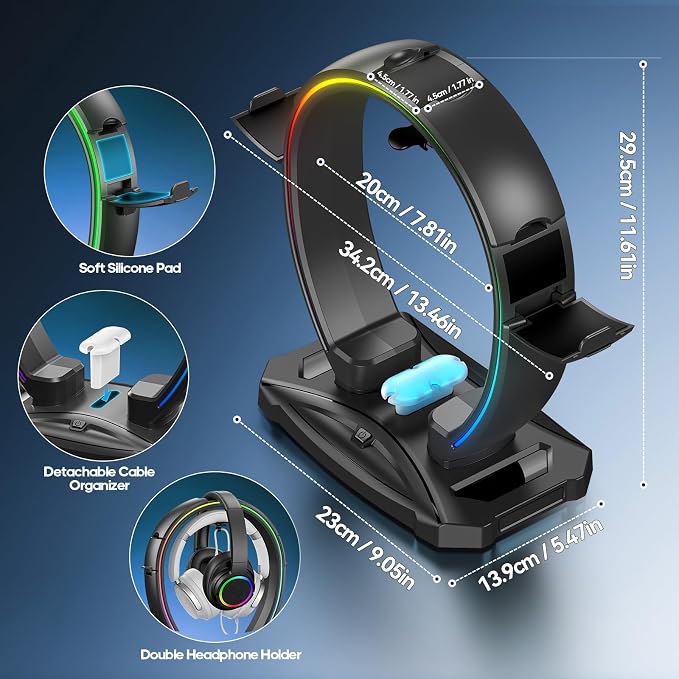 KDD RGB Headphone & Controller Stand with 9 Light Modes - Foldable Controller Hanger for Desk - Earphone Stand with Cable Organizer - for Gamers Desktop Accessories - Image 6