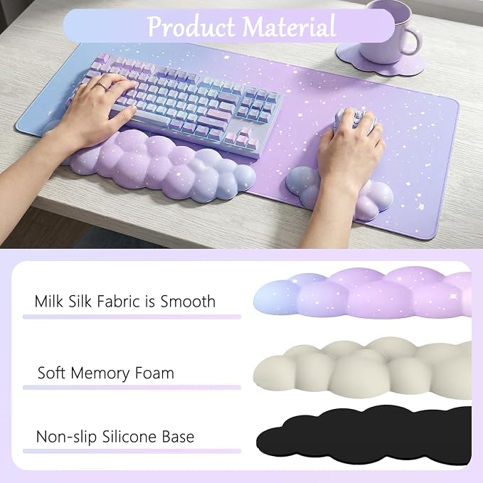 Cloud Mouse Pad Keyboard Wrist Rest 4PCS Extended Large Galaxy Stars Desk Mat Pad Set Memory Foam Non-Slip Cute Ergonomic Gaming Mouse Pad Wrist Support for Computer Home Office Purple Blue - Image 2