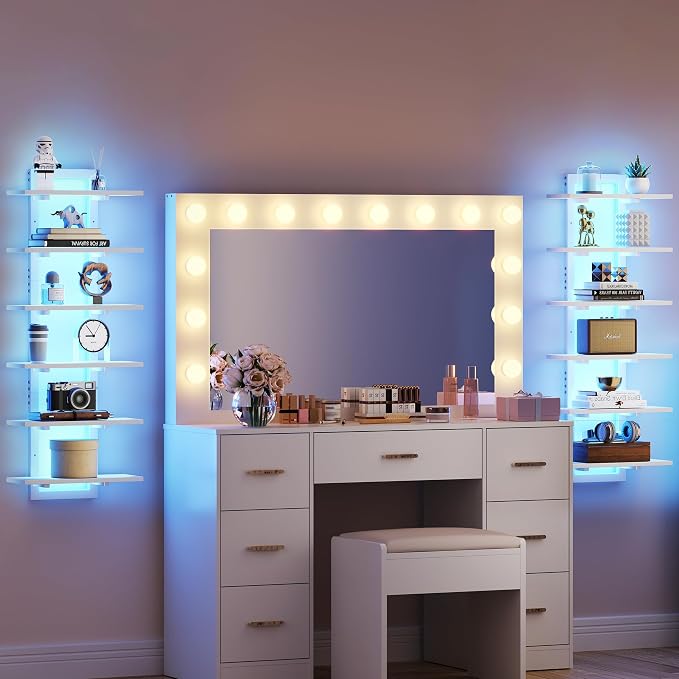 LED Wall Mounted Display Shelf with RGB Lights, 6-Tier Vertical Wall Shelf for Gaming Room, Bedroom and Living Room, Floating Shelves for Collectibles and Decor, 15"W x 5.5"D x 43.3"H, White - Image 8