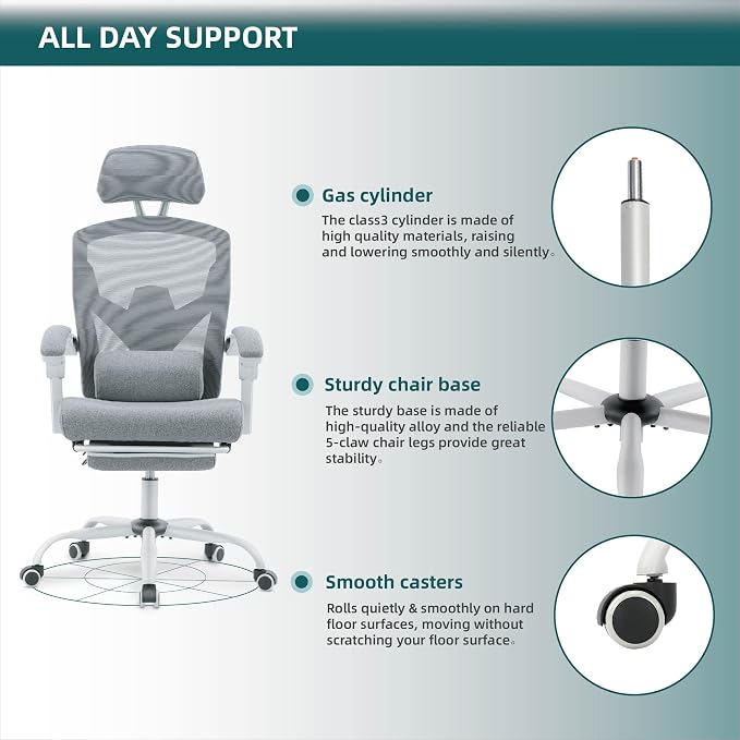 DUMOS Home Office Desk Chair, Gaming Chair with Footrest | High-Back Mesh, 360° Rolling Swivel Wheels, Comfortable Headrest, Lumbar Support, Student, Elegant Grey - Image 7
