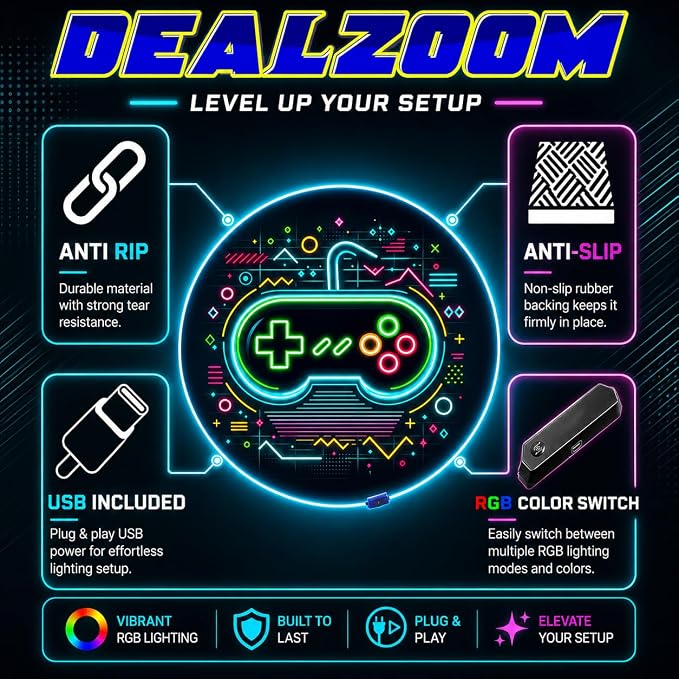 Gaming Chair Mat for Hardwood Floor Circle RGB Gaming Lights (Retro Controller 47”) - Noise Cancelling, Anti-Slip Gamer Floor Mat – Scratch Resistant Computer Gaming Mat for Chair - Image 5
