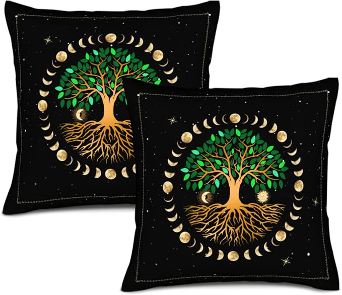 Ancient Tree Life Decorative Throw Pillow Covers Aesthetic Set of 2, Moon Luna Hippie Decor Ourdoor Pillow Cases for Couch Sofa Living Room Bed Chair Decor 18"x18" by Unknown