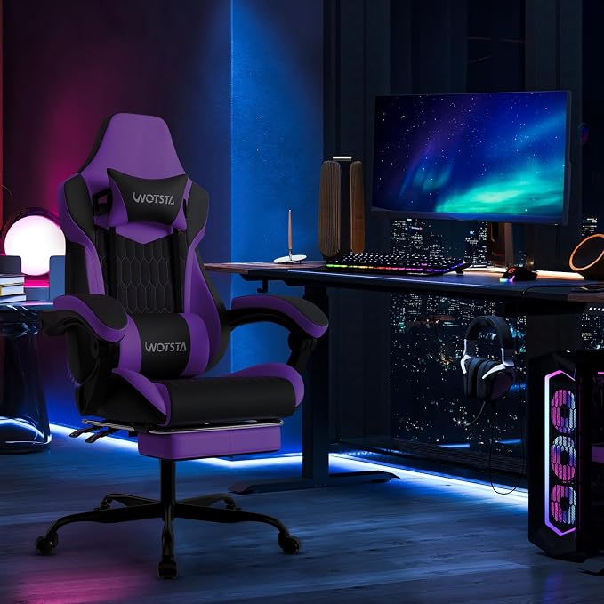 Gaming Chair with Footrest, High Back Gaming Chairs PVC Leather Ergonomic Gamer Chair with Adjustable Headrest Lumbar Support Racing Style Video Gaming Chair for Office/Home (Purple) - Image 2