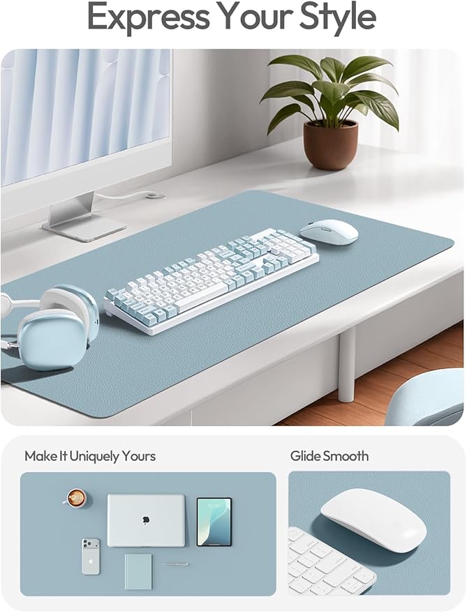 YSAGi Leather Desk Pad Protector, Office Desk Mat, Large Mouse Pad, Non-Slip PU Leather Desk Blotter, Laptop Desk Pad, Waterproof Desk Writing Pad for Office and Home (Ice Blue,55" x 24") - Image 3