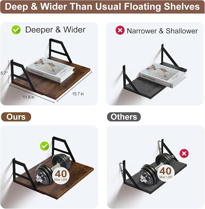 Tectocker-DOU 2 Pc Deep Floating Wall Shelves, Heavy Duty, 15.7×11.8, Brown - Image 7