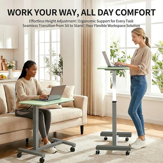 Adjustable Overbed Table with Wheels, Pneumatic Height Lift Rolling Bedside Table, Standing Desk for Home & Office Use, Ideal for Seniors & Limited Mobility (Light Green) - Image 4