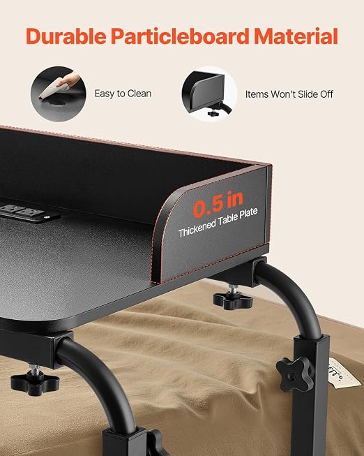 VEVOR Overbed Table, Mobile Bed Side Table with 4 Wheels (2 with Brakes) and Power Socket, Height Adjustable Rolling Laptop Desk, Portable Particleboard Over Bed Desk for Home, Office, Study, Black - Image 7