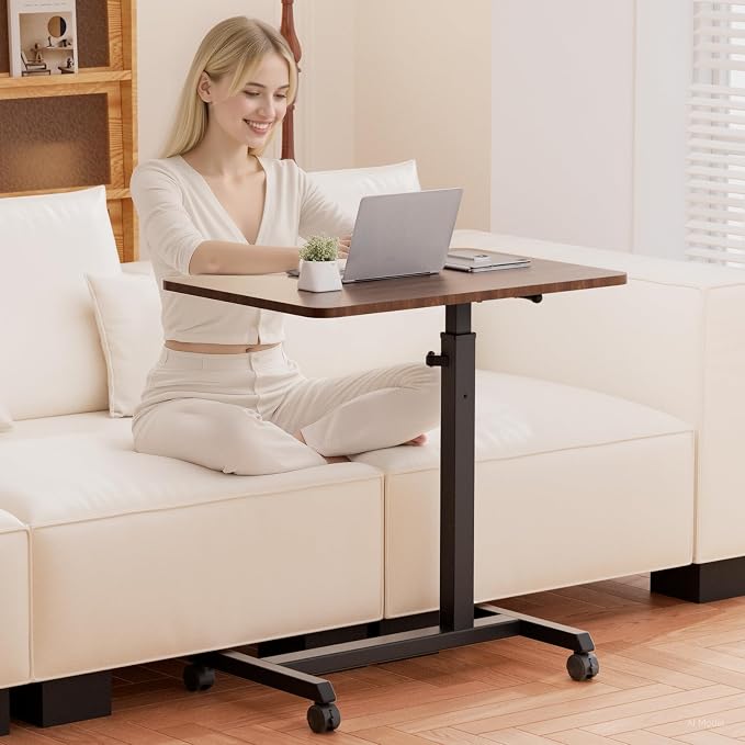 GTPLAYER Small Standing Desk, 24 Inches Foldable Mobile Rolling Laptop PC Table with Lockable Casters, Adjustable Height Overbed Bedside Table Computer Workstation for Home Office, Walnut-Foldable - Image 2