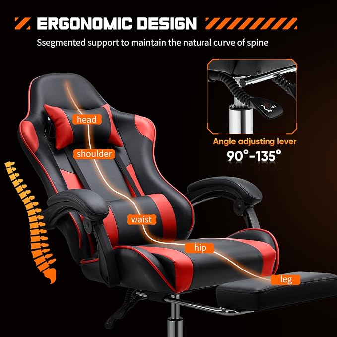 Sweetcrispy Gaming Chair, Ergonomic Computer Desk Chair, Lumbar Support | High Back PU Leather, Adjustable Headrest Footrest, Racing Video Office Home, Red - Image 4