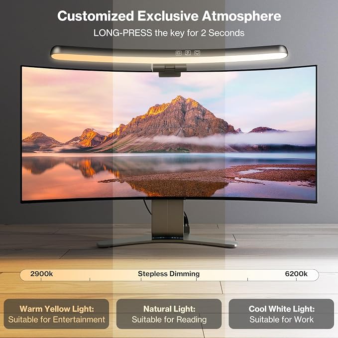 Monitor Light Bar, Curved Computer Monitor Lamp for Eye Caring LED Dimmable Screen Light Bar, 3 Color Temperature Mode Lights, Touch Control USB Powered Monitor Lamp for Desk/Office/Home/Game - Image 2