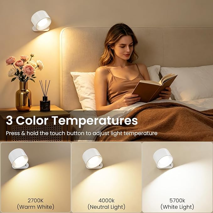 Koopala 2PACK LED Wall Lamps with Rechargeable Battery Operated, Wall Mounted Lights with 3 Brightness 3 Color Temp Removable Charging 360°Rotate Magnetic, Cordless Wall Sconces for Reading Bedside - Image 2