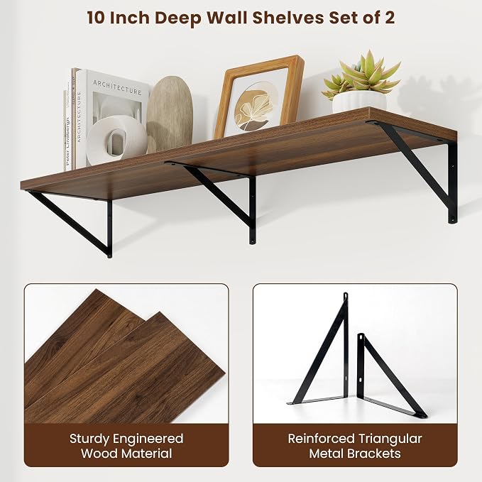 Axeman Deep Floating Shelves, 40'' x 10'' Walnut Wall Shelves Set of 2 - Image 5