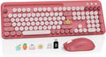 Wireless Keyboard and Mouse Combo, Retro Round Keycaps, Full-Size Stylish Typewriter Keyboard with Large Phone/Tablet Holder, 3-Level DPI Ergonomic Mouse, 2.4GHz Cordless for Windows PC, Rose Pink by SABLUTE