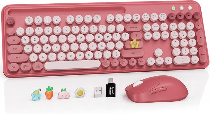 Wireless Keyboard and Mouse Combo, Retro Round Keycaps, Full-Size Stylish Typewriter Keyboard with Large Phone/Tablet Holder, 3-Level DPI Ergonomic Mouse, 2.4GHz Cordless for Windows PC, Rose Pink by SABLUTE