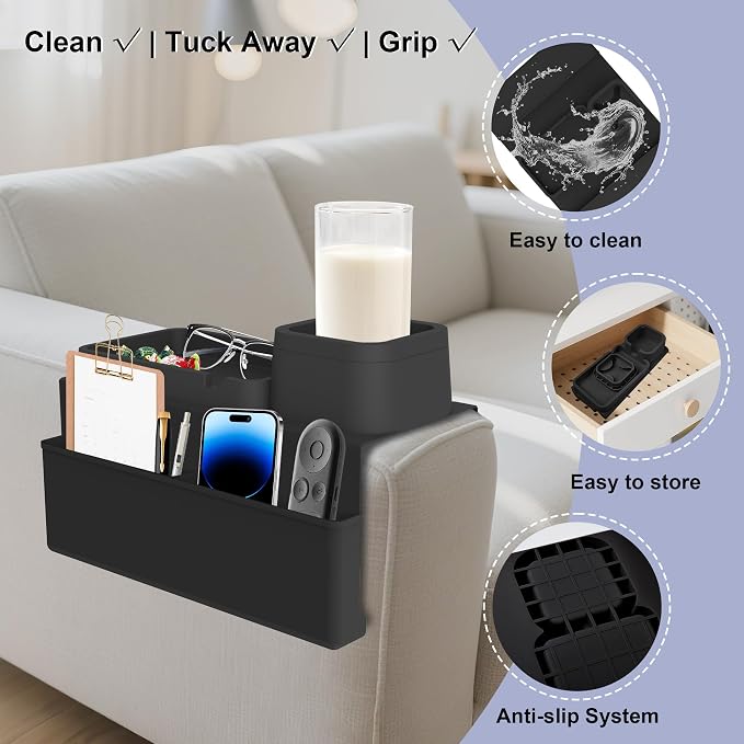 KindGa Couch Cup Holder - Silicone Sofa Armrest Organizer Couch Caddy Black - Image 6