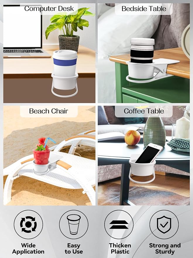 3PCS Clip on Cup Holder for Chair, Kalolary Desk Drink Holder Clamp, White - Image 7