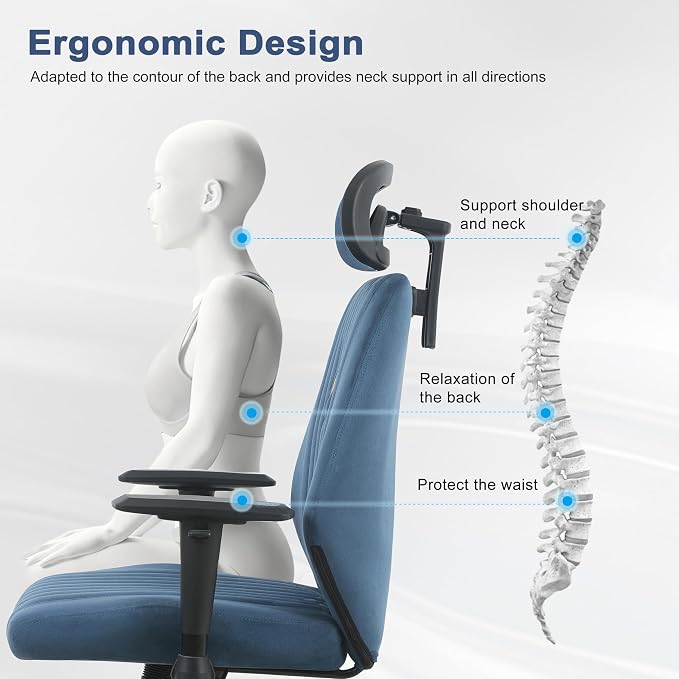 Symino Office Chair Ergonomic with 109° Rocking Function, Breathable Suede Fabric, Integrated Lumbar Support, Adjustable Headrest & Armrests, Swivel Desk Chair - Image 6