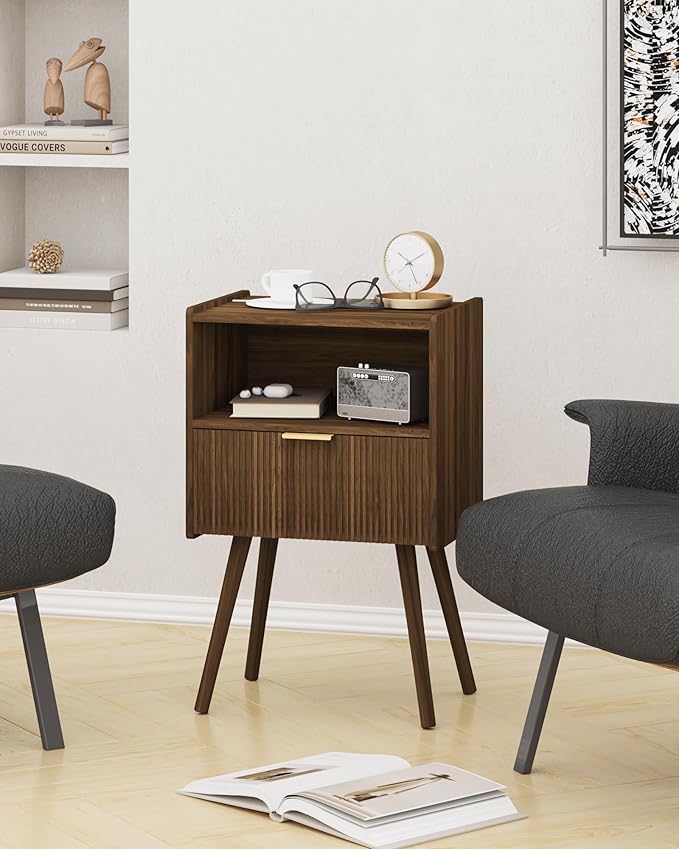 JOONEE Nightstand,Modern Bedside Table with Storage Drawer and Open Wood Shelf, for Living Room, Bedroom and Small Spaces, Accent Night Stand with Solid Wood Legs, Easy Assembly,Walnut Brown - Image 7