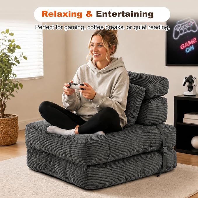 King Oasis Folding Sofa Bed, Corduroy Chair Bed with Pillows | 3-in-1 Fold Out Floor Sofa Couch with Headrest and Lumbar Pillows，for Living Room, Bedroom, Apartment, Dorm,Dark Grey - Image 8