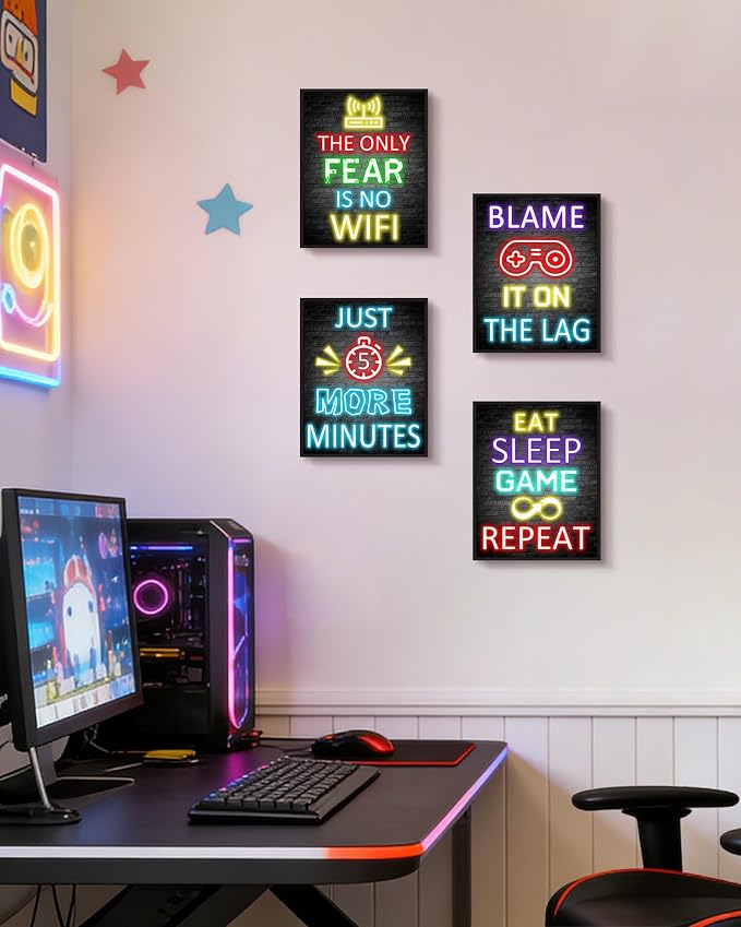 KUVIOKE Video Gamer Room Decor for Teen Boys Gaming Wall Art Gamer Neon Sign Teenage Bedroom Decor Ready to Hang Set of 4, 8x10in (Framed) - Image 4
