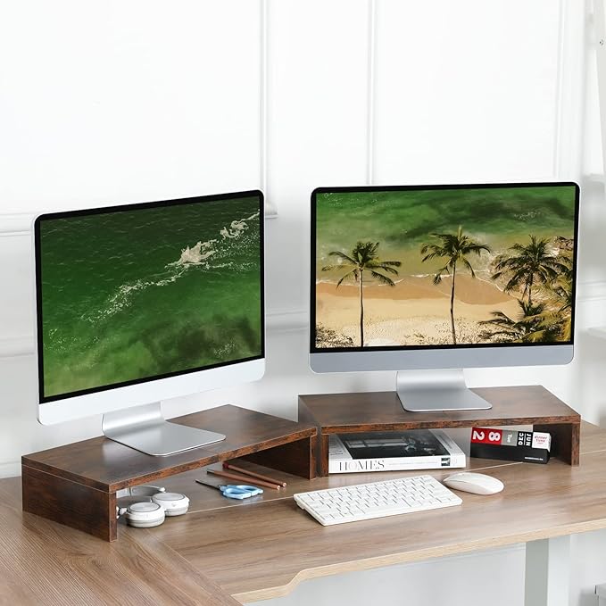 TEAMIX 2-Pack Monitor Stand Riser 20 inch, Wooden Tabletop Shelf, Brown | For 2 Monitors, Laptop, Printer, TV, PC Tower, Rustic Brown Monitor Riser with Storage, Computer Stand Ergonomic Design - Image 2