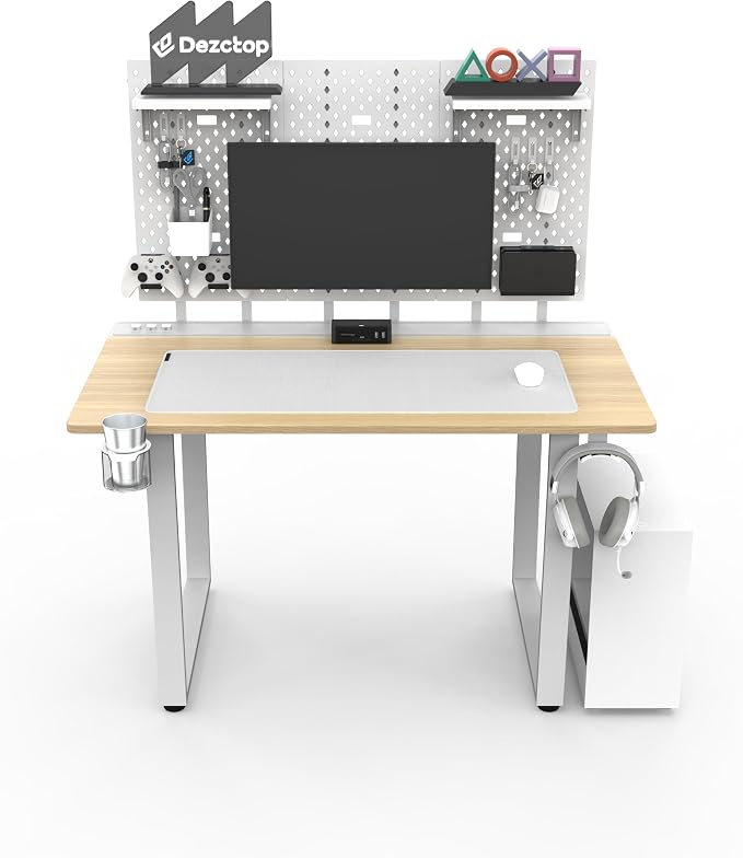 Dezctop Bifrost 120 47W x 28D Gaming PC Computer Desk with Shelves, Large Workstation for Gamers or Home Office with Pegboard, Built-in Cable Management, Stainless Steel Frame (Oak) by Dezctop