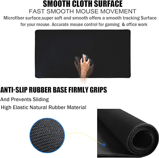 Large Gaming Mouse Pad, Extra Large Big Mouse Pad with Stitched Edge | Mouse Pad Desk, XXL Non-Slip Black Computer Long Mousepad Desk Mat for Gamer, Office & Home, Black - Image 3