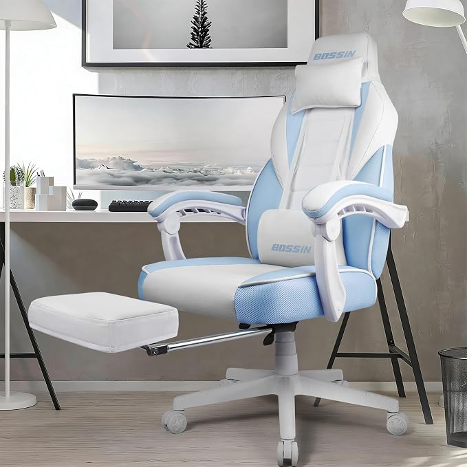 BOSSIN Gaming Chair with Massage, Ergonomic Heavy Duty Design with Footrest and Lumbar Support, Large Size Cushion High Back Office Chair, Big and Tall Gaming Computer Chair for Kids（White and Blue） - Image 2