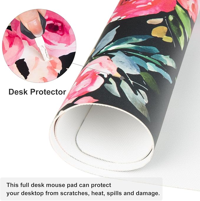 QiyI PU Leather Large Mouse Pad, Office Décor, 31.5" x 15.7", Pink Flowers | Desk Décor Accessories, Extended Size, Waterproof & Easy to Clean, Smooth Surface, Non Slip Desk Organization - Image 4