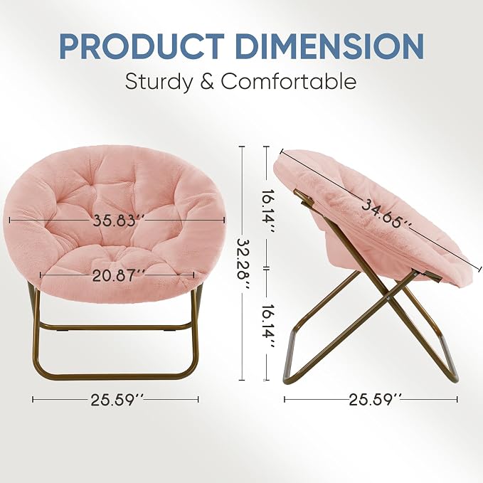 DUMOS Faux Fur Saucer Chair, Living Room Folding Lounge Chair | XL Circle Moon Mushroom Style, Gaming Dorm Small Spaces, Foldable Oversized Accent Seat, Reading - Image 3