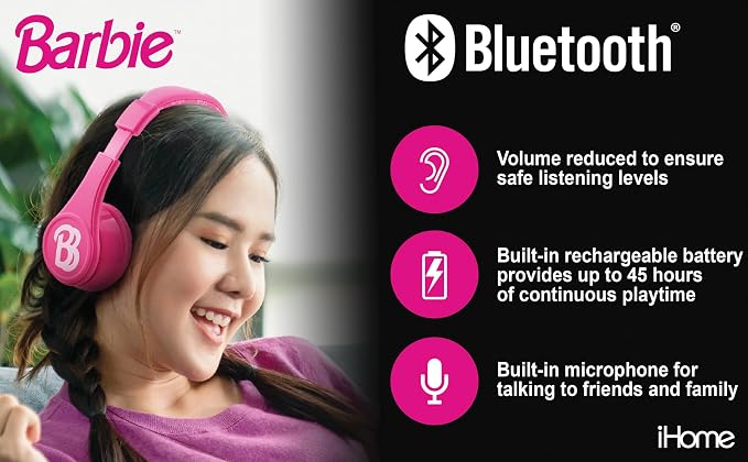 Barbie Bluetooth Headphones for Kids, Wireless Headphones for School, Home, or Travel (Barbie) - Image 2