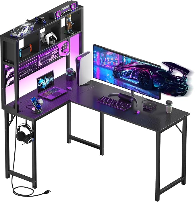 Small Black L Shaped Gaming Desk with Hutch , 47 Inch Corner Gaming Desk with Storage Shelves for Bedroom Small Space, Reversible L-Shaped Computer PC Desks with Pegboard LED Light for Kids Boys Girls - Image 8