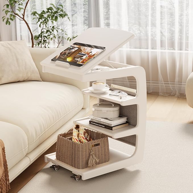 AQIMUELE Wooden C-Shaped End Table,Couch Desk with 2 Lockable Wheels,4-Tier Couch Table with Storage Bag,Small Rolling Side Table Tv Trays for Couch, Living Room,Bedroom (White) by AQIMUELE