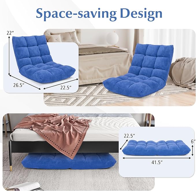 14-Position Lazy Sofa Chair with Soft Coral Fleece, Folding Gaming Chair, Couch Recliner, Floor Seat for Reading, Meditating, Yoga (Blue) - Image 5