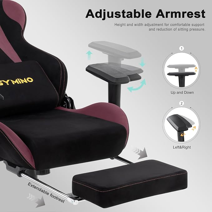 Symino Gaming Chair, High Back Ergonomic Office Chair with 2D Adjustable Armrests, 150° Recline, Breathable Faux Suede, Adjustable Headrest & Footrest for Home Office - Image 6