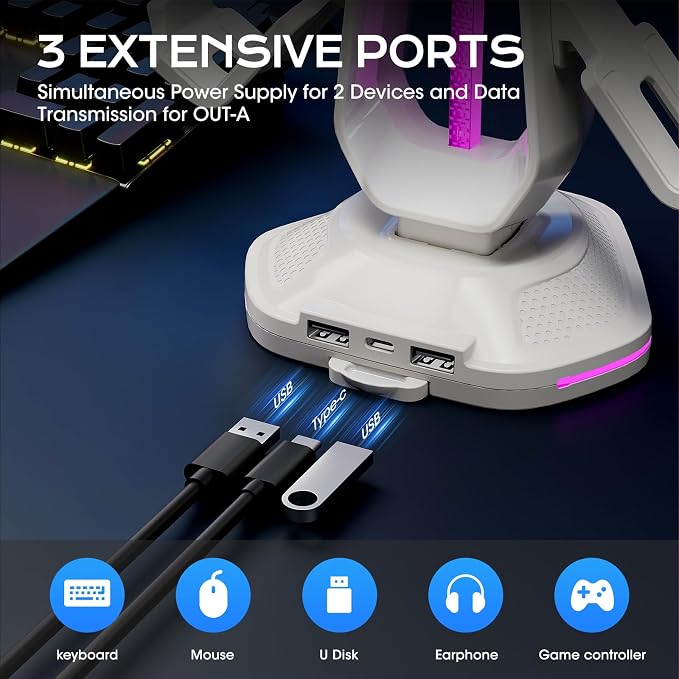 Saitake RGB Controller Stand with 9 Light Modes,Controller Holder with 2 USB Ports,Headphone Holder Suitable for All Headphones and Controller (White) - Image 3