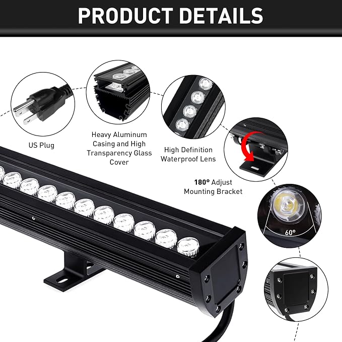 54W Outdoor Wall Washer Light Bars,6480 Lumen Super Bright 6000K Daylight White LED Wall Washer Light,IP67 Waterproof Heavy Duty Plug in LED Light Bars for Landscape Yard Building Lighting(40 Inch) - Image 2