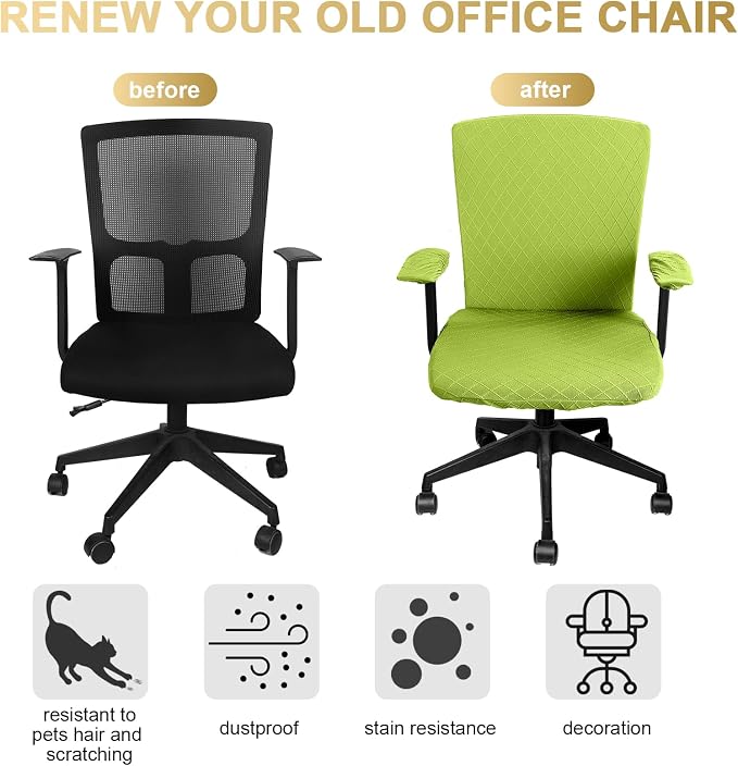 Tallew 4 Pcs Office Chair Covers Set Computer Universal Protective Stretchable Chair Seat Covers Desk Armrest Slipcovers Pads Office Cushion Backrest for Rotating(Lemon Green) - Image 3