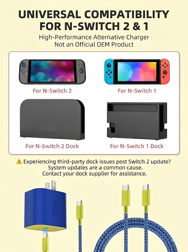 Switch 2 Charger - 60W AC Adapter (Blue & Yellow), 6.6FT Fast Charging Cable, Supports 4K TV Dock Mode, 20V/3A Power Supply for Nintendo Switch/OLED/Lite & Steam Deck - Image 2